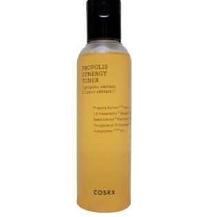 Bottle of COSRX Full Fit Propolis Synergy Toner with a sleek design, featuring a golden hue and minimalistic label with Korean text. Ideal for hydrating and soothing skin.