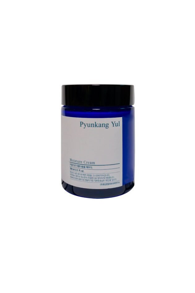 Jar of Pyunkang Yul Moisture Cream with minimalist blue and white packaging, offering deep hydration.